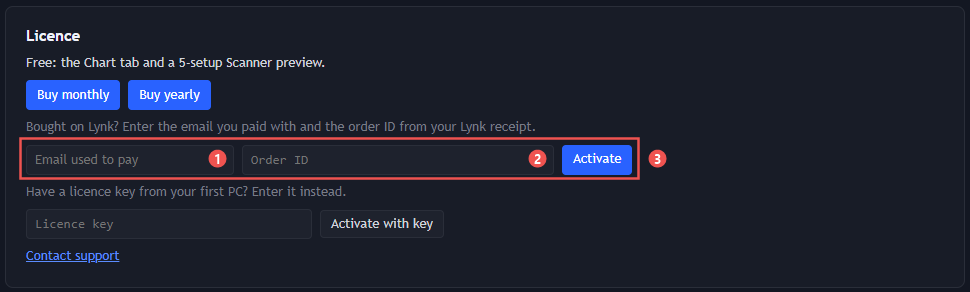 Settings → Licence: email, Order ID, Activate